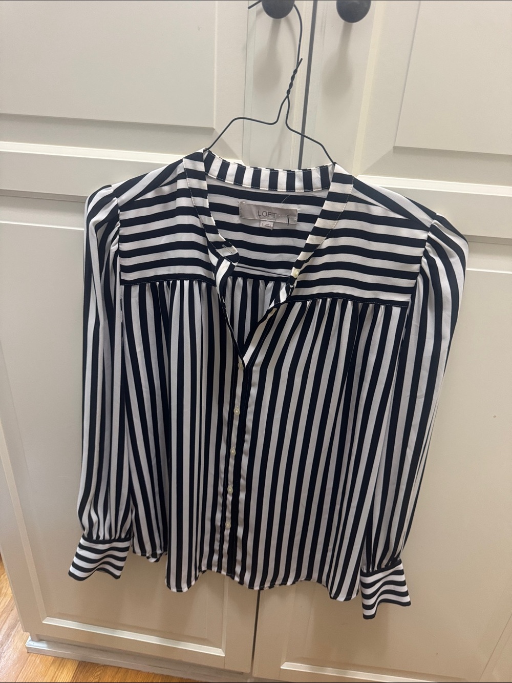 LOFT Black and White Vertical Striped Button-Front Blouse